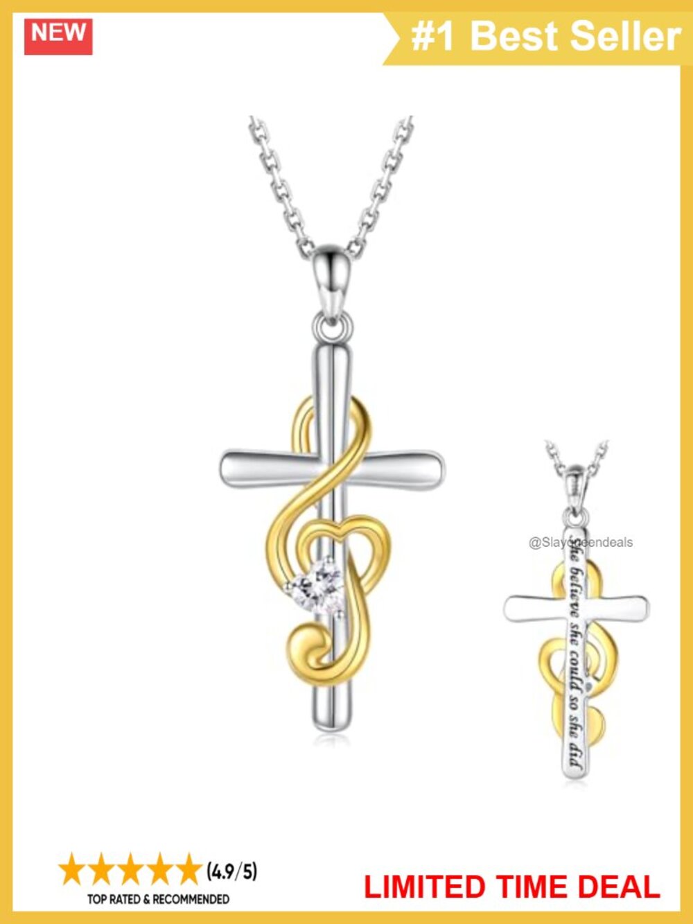 Sterling Silver Music Pendant Necklace Treble Clef Cross Heart Crystal Gift